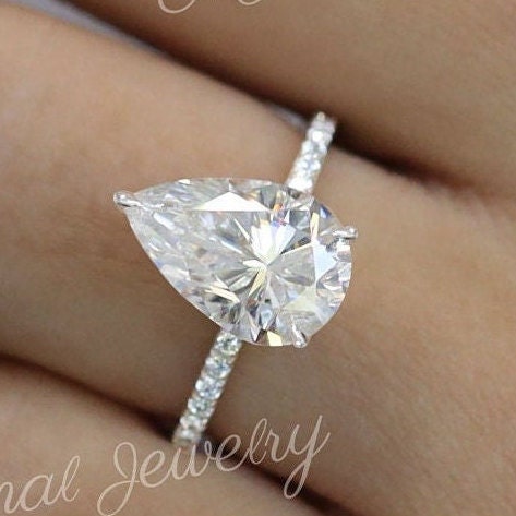 3 CT pear cut moissanite engagement ring,hidden halo pear shaped ring,solitair,pave prong,pear moissanite ring,bridal wedding ring,women
