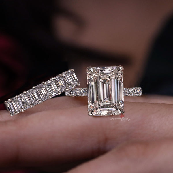 Emerald Cut Moissanite Engagement Ring Set Hidden Halo & Eternity Band 11CT Large Moissanite Bridal set Wedding Ring Anniversary Gift women