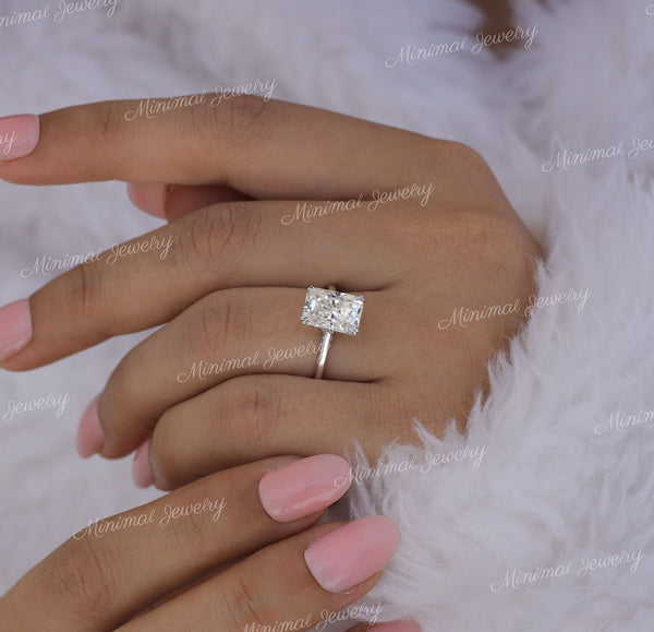 3 CT radiant cut moissanite engagement ring hidden halo wedding Ring pave bridge 14k Gold Cathedral ring solitaire simple engagement ring