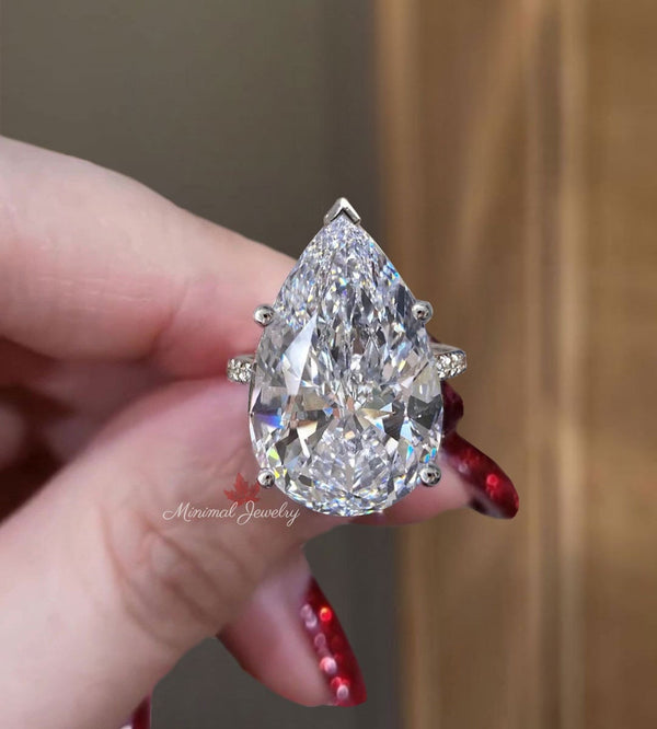 10.5 ct Pear Moissanite Engagement Ring 14K Gold Solitaire Cathedral Setting Large Pear-Shaped Wedding Ring Statement Anniversary Ring