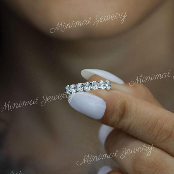 Oval Moissanite Wedding Band 7 Stone Half Eternity Ring Modern 3mm 14k White Gold Anniversary Band Dainty Stacking Ring Women