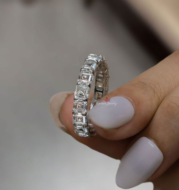 Asscher cut full eternity band,Moissanite wedding band,eternity ring white gold,modern thick,unique 4mm wedding band,Matching Stacking ring