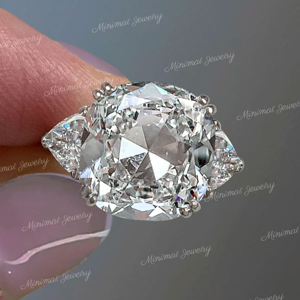 5 CT Old mine cushion cut moissanite engagement ring,Three stone moissanite ring,trillion&big old European cut 3 stone cushion wedding ring