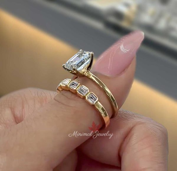 2.1 CT lab grown diamond emerald cut engagement ring set IGI certified CVD diamond bezel wedding band ring promise ring anniversary gift her