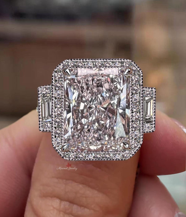 Radiant Cut Moissanite Engagement Ring 10 CT Three Stone Halo Filigree Ring Art Deco Wedding Ring Statement Large Diamond Anniversary ring