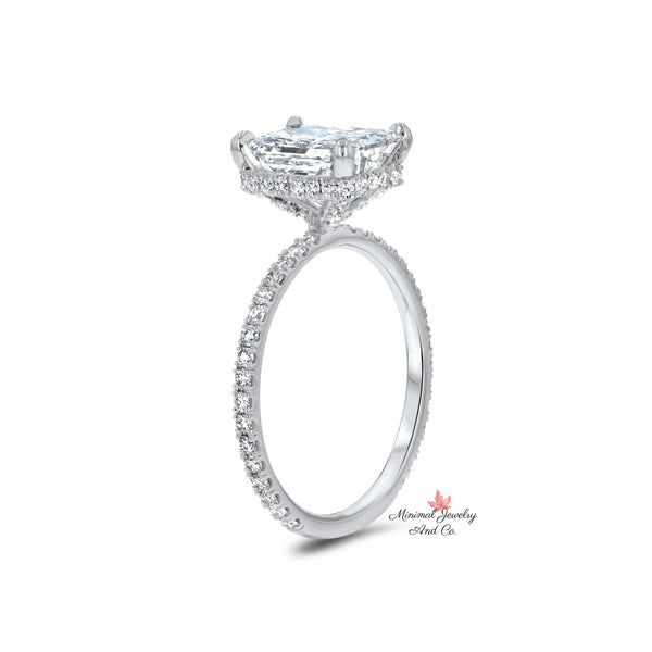 4.82 TCW radiant cut moissanite hidden halo engagement ring,claw prongs solitaire diamond white gold wedding ring,anniversary promise ring