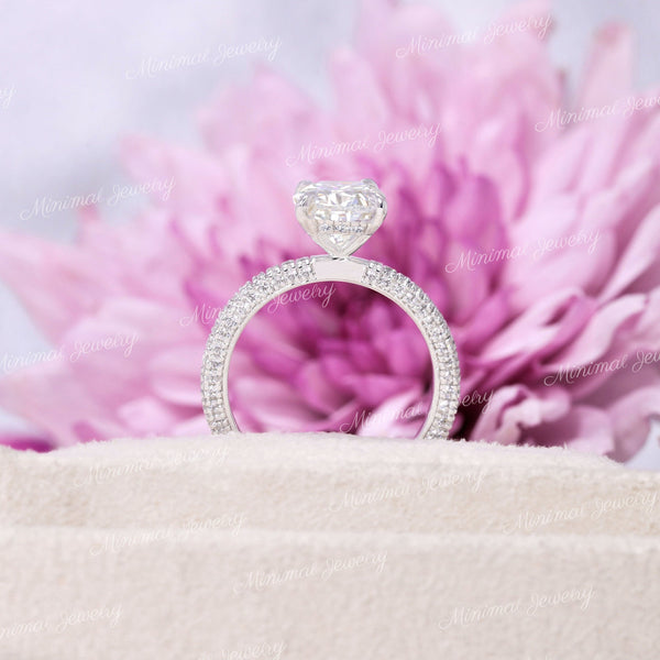 2.5 CT cushion cut engagement ring,Moissanite hidden halo ring,elongated cushion moissanite ring,three row pave,14k white gold,wedding ring