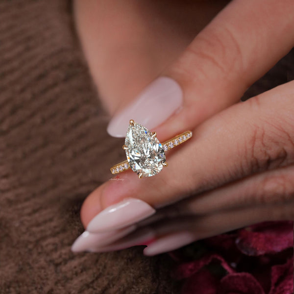 pear lab grown diamond ring 3CT Pear Shaped engagement ring Hidden Halo IGI Certified solitaire pear cut Diamond Wedding Anniversary ring