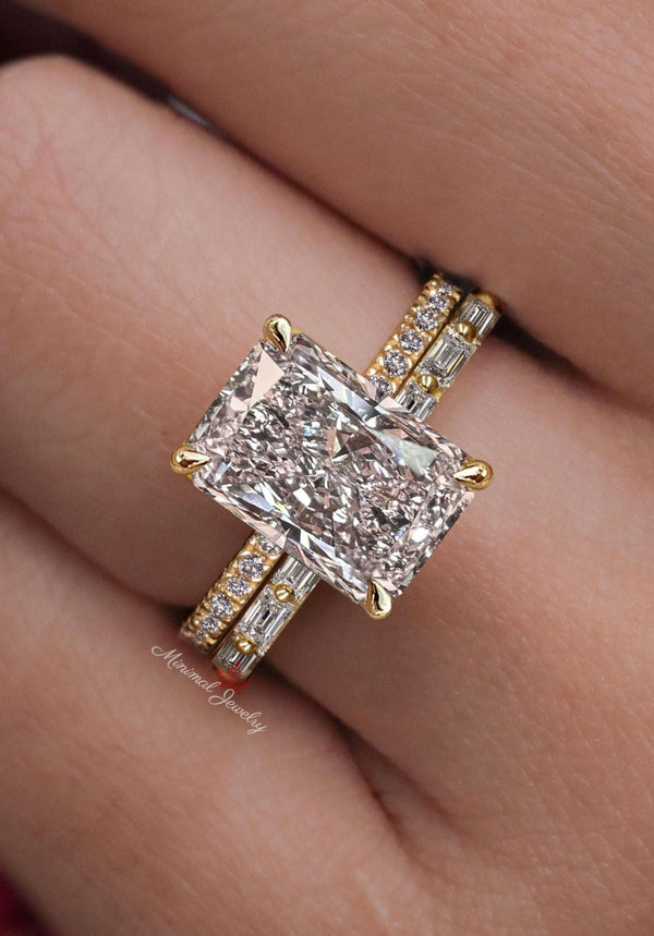 lab grown diamond ring 2.8 CT radiant cut engagement ring set wedding ring set simple IGI certified hidden halo CVD lab created diamond ring