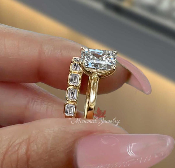 2.1 CT lab grown diamond emerald cut engagement ring set IGI certified CVD diamond bezel wedding band ring promise ring anniversary gift her