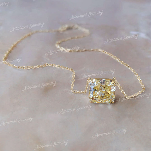 canary yellow moissanite pendant necklace,18k/14k solid gold chain necklace Radiant cut pendant moissanite necklace,solitaire necklace