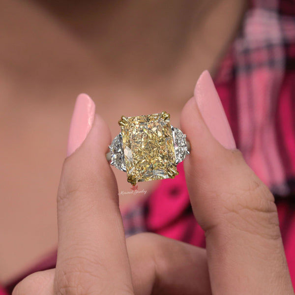 10CT Yellow Lab Grown Diamond Radiant Cut Engagement Ring IGI Certified Three Stone lab diamond Wedding Anniversary Ring two tone gold ring