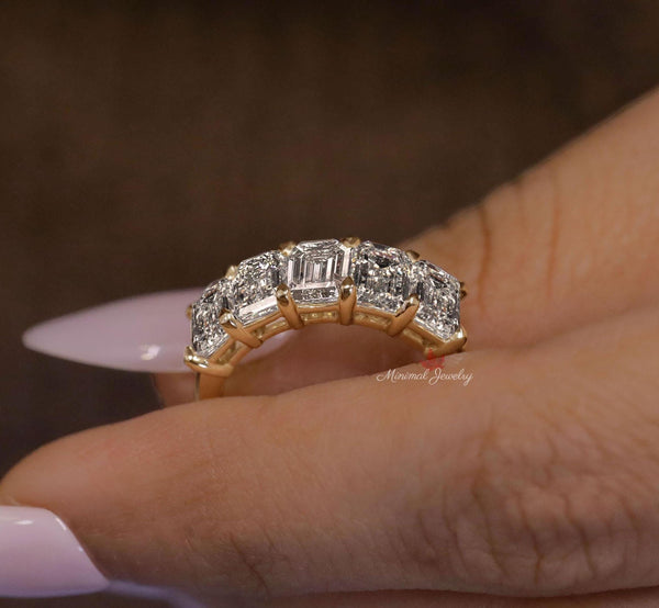 Emerald cut wedding band 5 stone moissanite wedding band women stackable half eternity band 5th anniversary gift for her dainty emerald ring