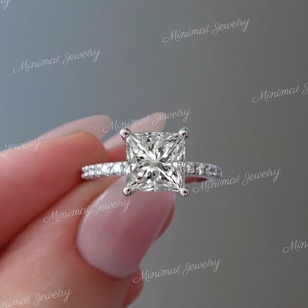 8mm Princess cut white gold engagement ring,moissanite ring,unique princess cut solitaire engagement ring,diamond promise wedding ring,women