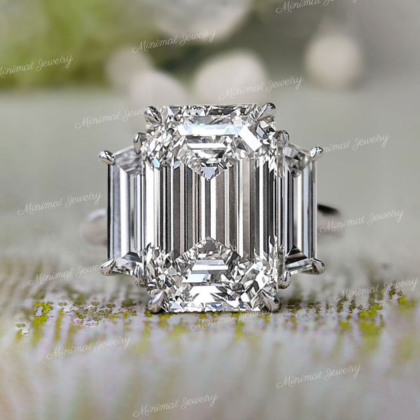 12.1TCW Three stone emerald cut moissanite ring,3 stone emerald cut engagement ring,white gold,big large celebrity style,unique wedding ring
