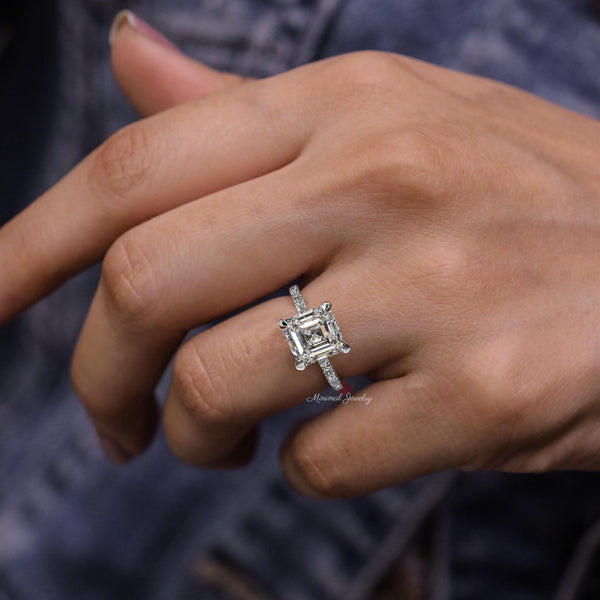 Lab Grown Diamond Engagement Ring IGI Certified 2 ct Asscher Cut Lab Diamond wedding ring Hidden halo 14k Gold 4 prong solitaire Thin Band