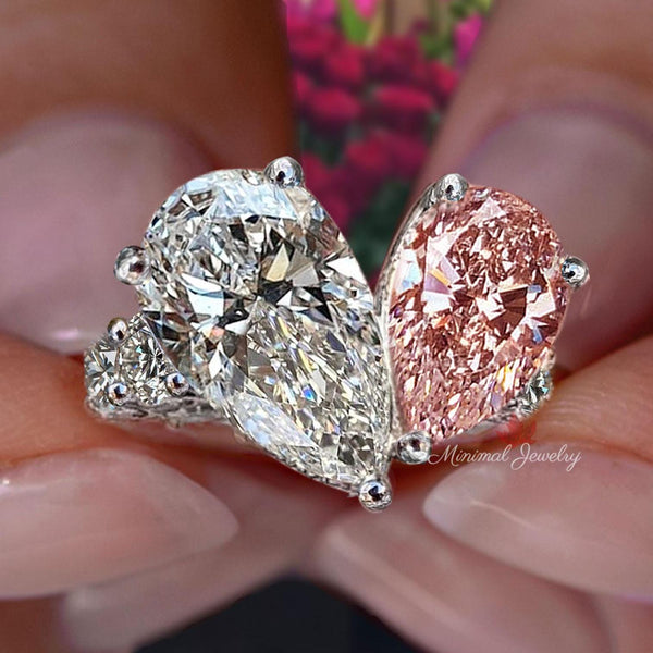 5.5CT Two stone ring pear shaped engagement ring Toi et moi hidden halo pear moissanite&pink pear morganite ring double diamond wedding ring