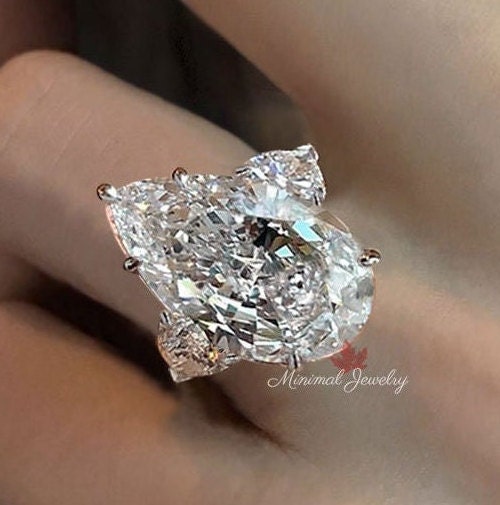 9ct pear moissanite ring large stone anniversary ring Three stone pear shaped engagement Ring side stone 9th- 10th anniversary gift for wife