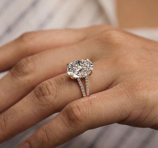 5.5CT Oval moissanite engagement ring crushed ice moissanite Hidden halo split shank ring unique cathedral ring set oval cut wedding ring