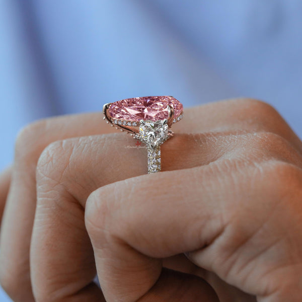 6 CT luxury pink moissanite pear shaped engagement ring,large Three stone pink pear ring,unique celebrity style,big cocktail wedding ring