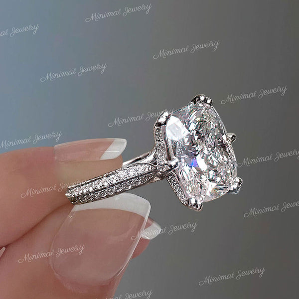 Cushion Cut Moissanite Engagement Ring 12CT Large Elongated Cushion Solitaire ring Hidden Halo Cathedral Wedding Anniversary Ring for Women