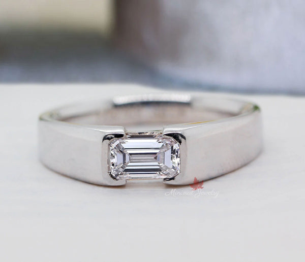 mens moissanite ring unique mens wedding band gift for him bezel set ring for men white gold mens emerald ring promise ring for him Husband