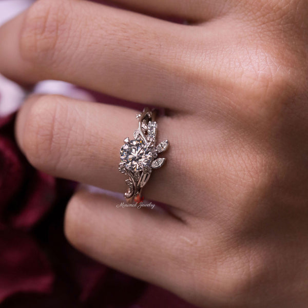 Nature inspired engagement ring set platinum 1 carat moissanite flower leaf engagement ring bridal wedding ring set women promise ring her