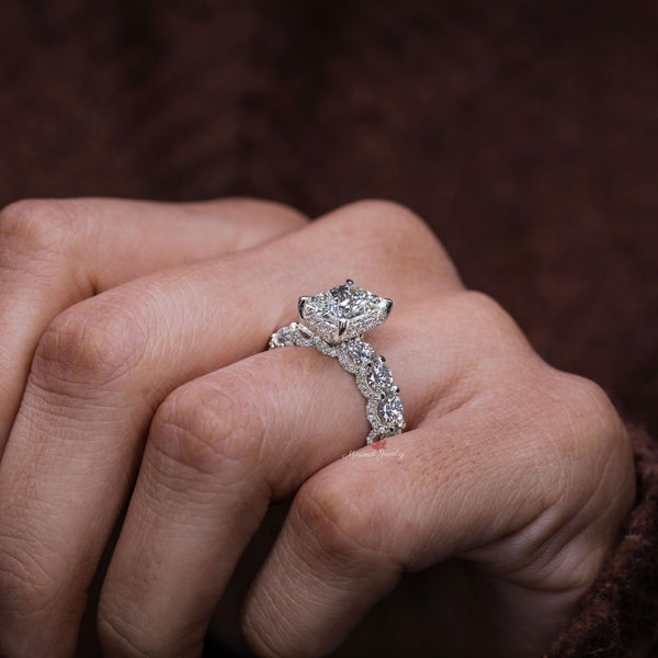 Radiant Cut Lab Grown Diamond Ring 2.8CT IGI Certified Solitaire Engagement wedding Ring Hidden Halo Half Eternity Band Anniversary ring her