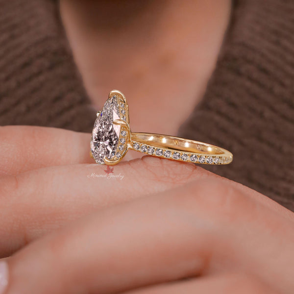 Lab Grown Diamond Ring 3CT Pear Shaped Engagement Ring Rose Gold Hidden Halo Solitaire Certified Diamond pear cut Wedding Anniversary ring