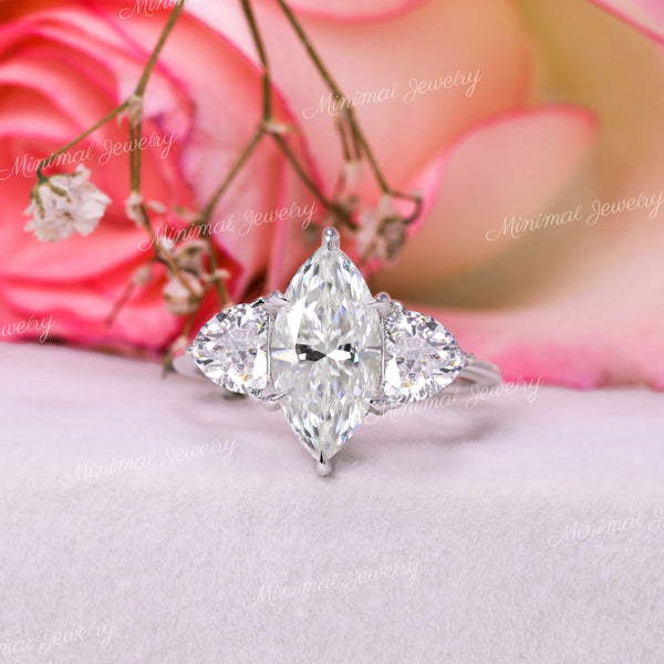 2 CT Marquise cut moissanite,three stone engagement ring,trillion cut&marquise,unique moissanite cluster ring,14k white gold wedding ring