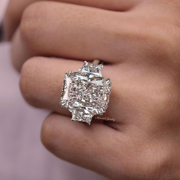 15ct Radiant Cut Moissanite Engagement Ring 14K Gold Three Stone Ring with Side Trapezoids Large Wedding Anniversary Statement Ring