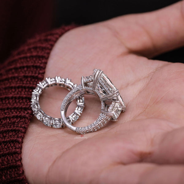 9.5CT Princess Cut Moissanite Bridal Set Three Stone Engagement Ring with Wedding Band Anniversary Wedding Ring Set 14k white gold