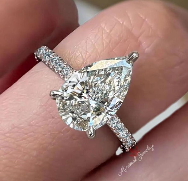 Lab Grown Diamond Engagement Ring 3 CT Pear Shaped Lab Diamond Ring Hidden Halo Wedding Ring Set Certified CVD Diamond Bridal set jewelry