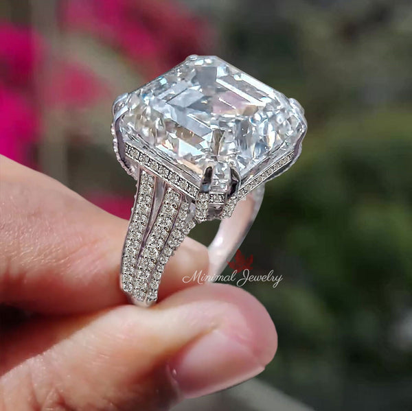 Asscher cut moissanite engagement ring 9CT soliatre split shank asscher cut ring statement wedding ring anniversary gift large diamond ring