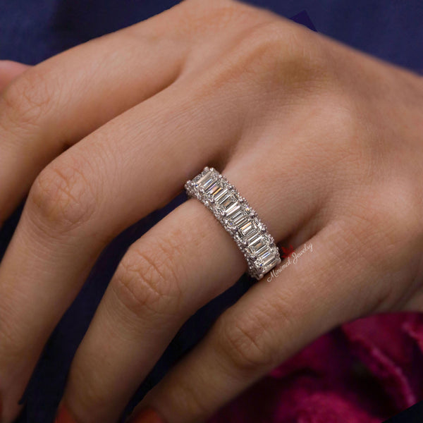 Emerald cut wedding band moissanite eternity band thick gold eternity ring unique anniversary band 5mm wedding band Matching Stacking ring