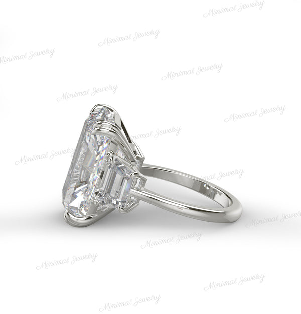 15ct Radiant Cut Moissanite Engagement Ring 14K Gold Three Stone Ring with Side Trapezoids Large Wedding Anniversary Statement Ring