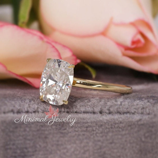 2.5CT cushion cut moissanite engagement ring solitaire elongated cushion moissanite ring hidden halo ring 14k gold anniversary wedding ring