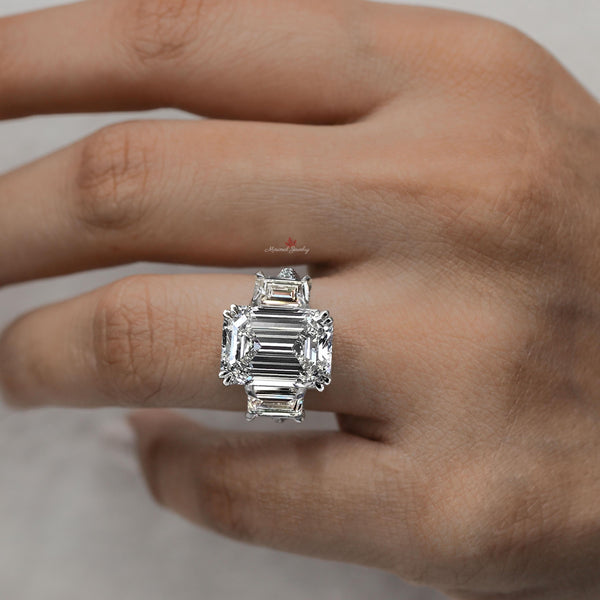 11.6 TCW 3 stone Emerald cut moissanite engagement Ring,unique celebrity style,large Three stone moissanite,hidden halo,3 row wedding ring