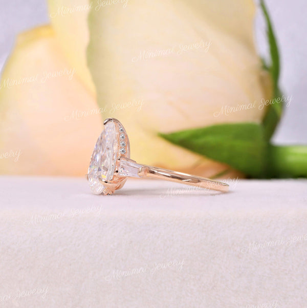 3.98 TCW Three stone engagement ring,pear moissanite,hidden halo,side Baguette,unique three stone ring,14k rose gold,wedding ring,women