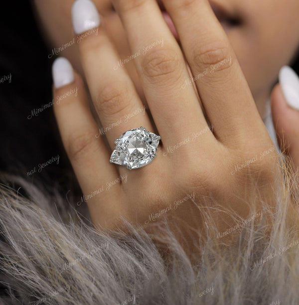 5 CT Old mine cushion cut moissanite engagement ring,Three stone moissanite ring,trillion&big old European cut 3 stone cushion wedding ring
