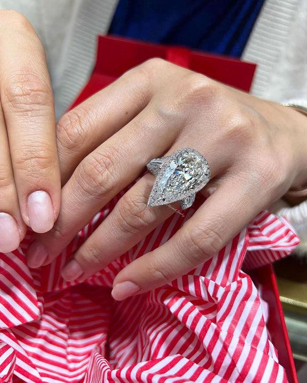 7 CT Large pear halo engagement ring pear moissanite engagement ring crushed ice pear shaped ring wide band art deco Diamond wedding ring