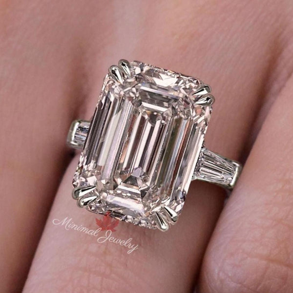 Emerald Cut Moissanite Ring Three Stone Engagement Ring side Baguette 12CT large Statement Wedding Ring Big Diamond Anniversary Ring women