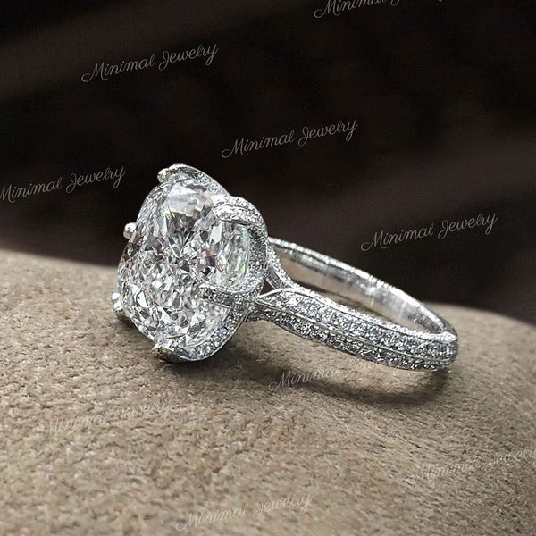 Cushion Cut Moissanite Engagement Ring 12CT Large Elongated Cushion Solitaire ring Hidden Halo Cathedral Wedding Anniversary Ring for Women