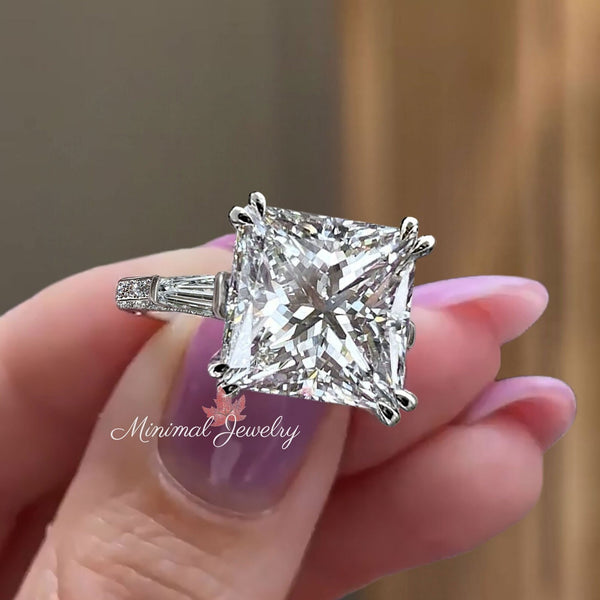 6ct princess moissanite engagement ring Three stone engagement ring hidden halo large square diamond wedding ring anniversary ring for women