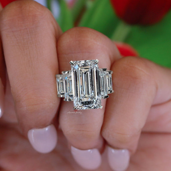 Emerald cut moissanite engagement ring,10.32TCW Five Stone Ring,unique celebrity style bezel emerald moissanite,5th anniversary wedding ring