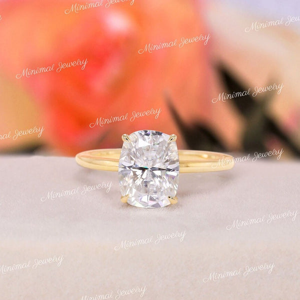 2.5 CT Cushion Cut Moissanite Engagement Ring Elongated Cushion Solitaire Ring Simple Wedding Anniversary Ring for Women 14k yellow gold