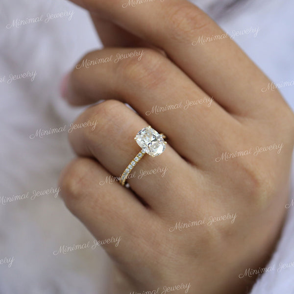 2.5 CT cushion cut engagement ring hidden halo 14k white gold unique solitaire pave prong elongated cushion moissanite ring anniversary ring