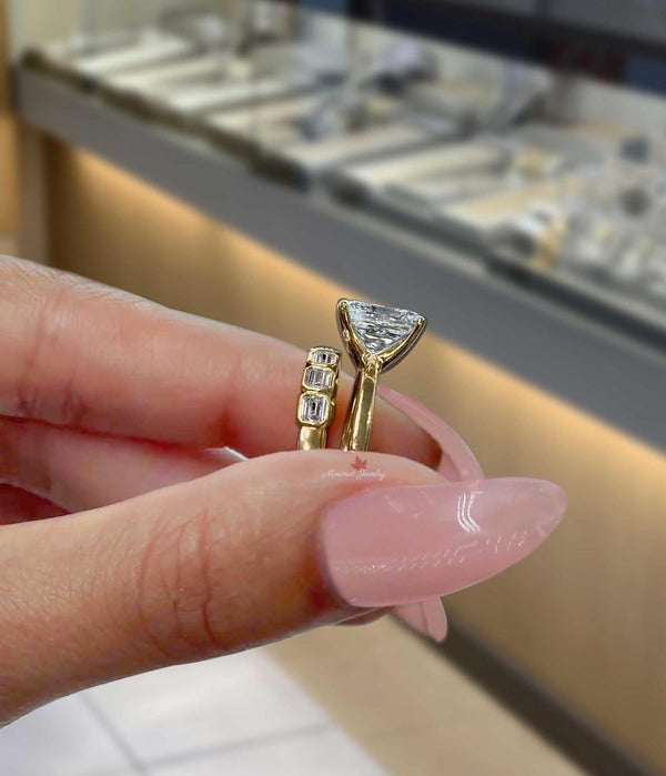 2.1 CT lab grown diamond emerald cut engagement ring set IGI certified CVD diamond bezel wedding band ring promise ring anniversary gift her