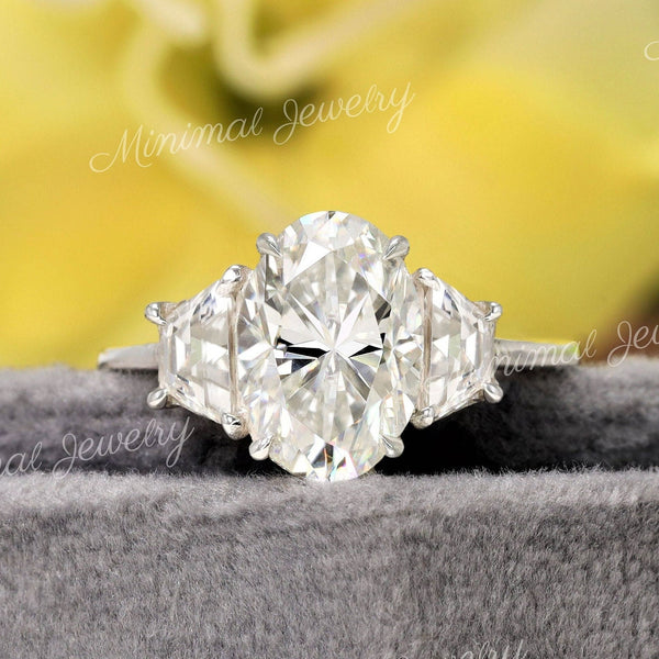 3.5 TCW Three stone,oval moissanite engagement ring,14k white gold,Trapezoid&oval three stone engagement ring,anniversary,wedding ring,women
