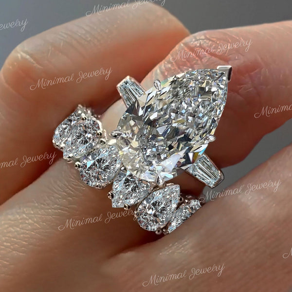 Moissanite bridal set 9 CT pear moissanite Three stone engagement ring set eternity band pear shaped wedding anniversary ring for women